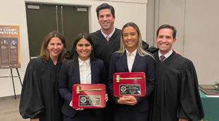  L to R: Judge Beth Bloom, J.D.
 ’88, Gabriella Pinzon, Judge Roy Altman, Gisell Landrian, and Justice John D.
 Couriel.
  Photo by Stephen Chang